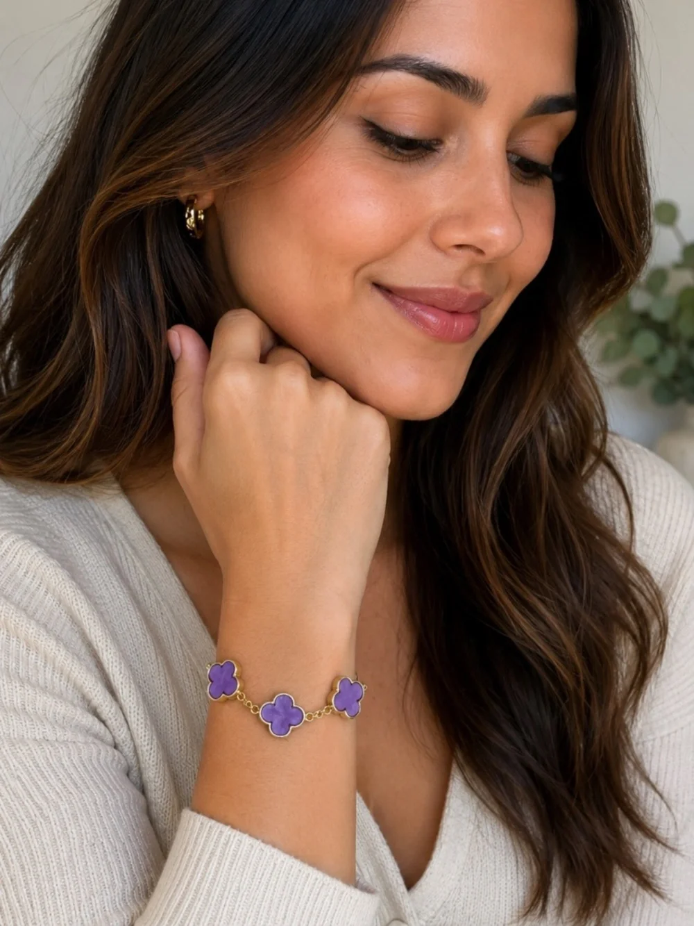 Purple Clover Charm Bracelet Gold Tone Adjustable Floral Link Bracelet